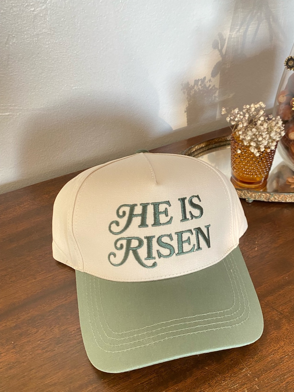 He Is Risen Two-Tone Trucker Cap - Sage Green & Cream
